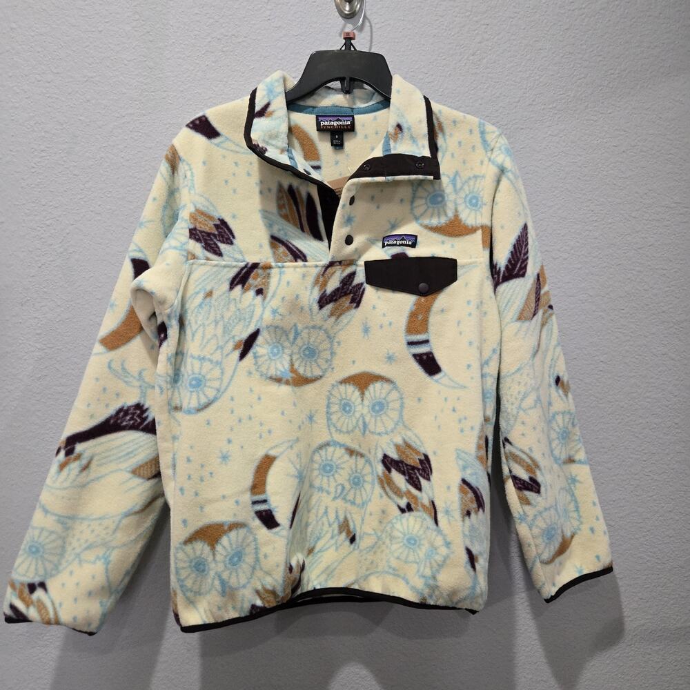 Patagonia Pullover Womens S Cream Blue Synchilla Snap T Harvest Moon Owl Fleece